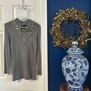 Women’s Lauren Michelle Gray Silver Metallic Pearl 3/4 Sleeve Sweater Size L